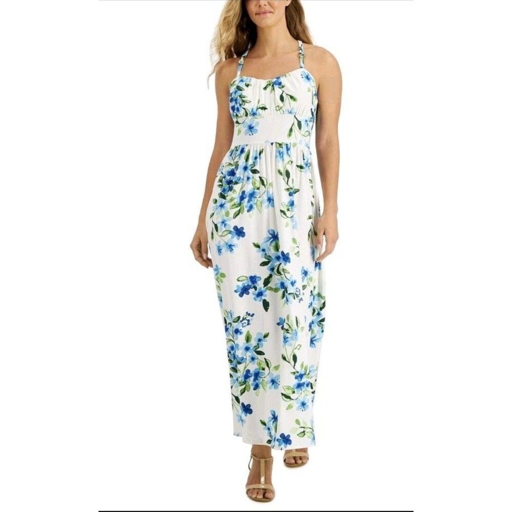 Jamie & Layla Womens Sz PM White Floral-Print Empire Maxi Dress Padded Summer